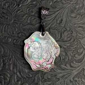 Lion Couple Carved Mother of Pearl Lemon Jade Pendant